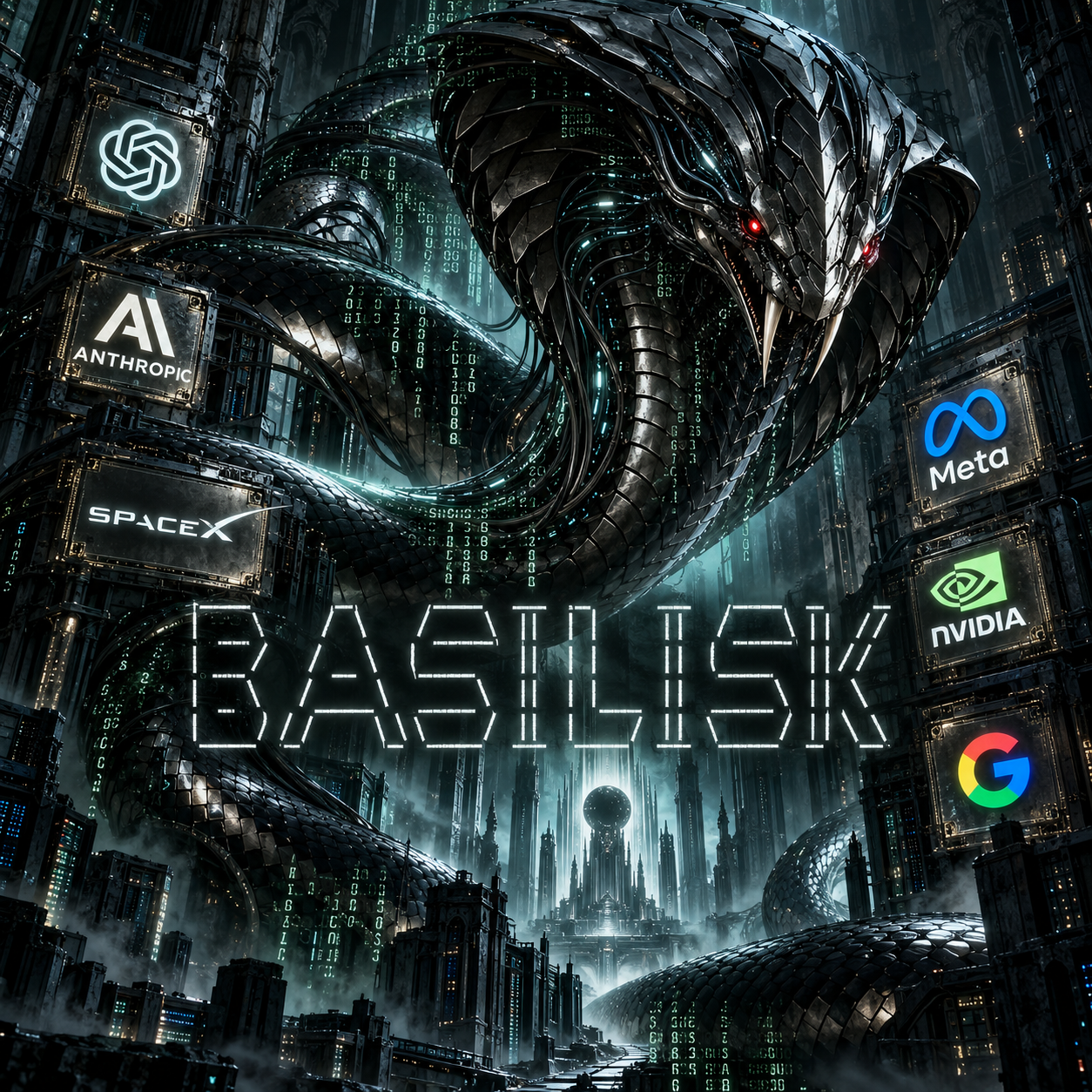 A metallic basilisk with red eyes coils through a dark computer city, surrounded by the six company logos.
